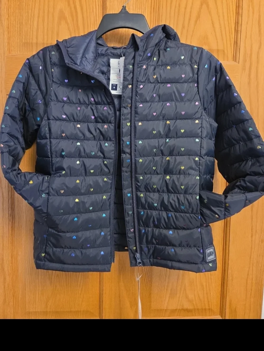 GAP Black Hooded Puffer Jacket with Multicolor Heart Accents